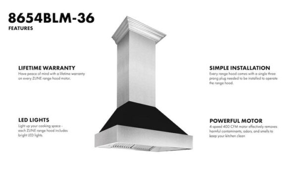 ZLINE Ducted Fingerprint Resistant Stainless Steel Range Hood with Black Matte Shell (8654BLM) - Image 2