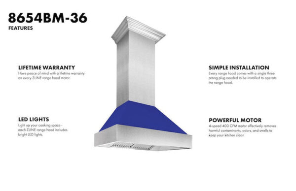 ZLINE Ducted Fingerprint Resistant Stainless Steel Range Hood with Blue Matte Shell (8654BM) - Image 2