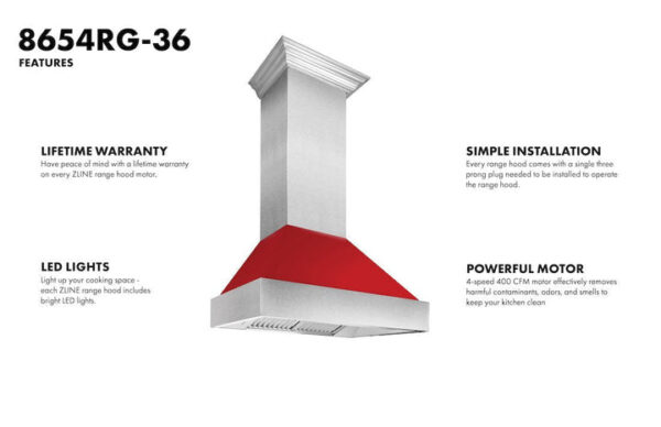 ZLINE Ducted Fingerprint Resistant Stainless Steel Range Hood with Red Gloss Shell (8654RG) - Image 2