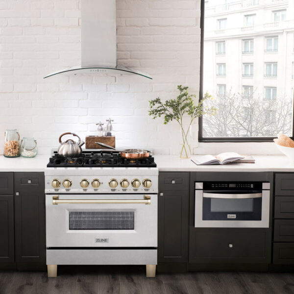 ZLINE Autograph Edition 36 in. 4.6 cu. ft. Dual Fuel Range with Gas Stove and Electric Oven in Stainless Steel with Champagne Bronze Accents (RAZ-36-CB) - Image 3