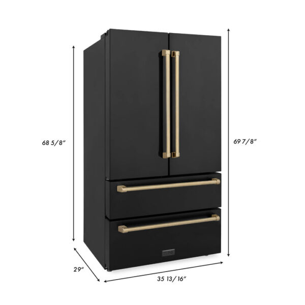 ZLINE 36 in. Autograph Edition 22.5 cu. ft Freestanding French Door Refrigerator with Ice Maker in Fingerprint Resistant Black Stainless Steel with Champagne Bronze Accents (RFMZ-36-BS-CB) - Image 2