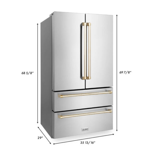 ZLINE 36 in. Autograph Edition 22.5 cu. ft Freestanding French Door Refrigerator with Ice Maker in Fingerprint Resistant Stainless Steel with Polished Gold Accents (RFMZ-36-G) - Image 8