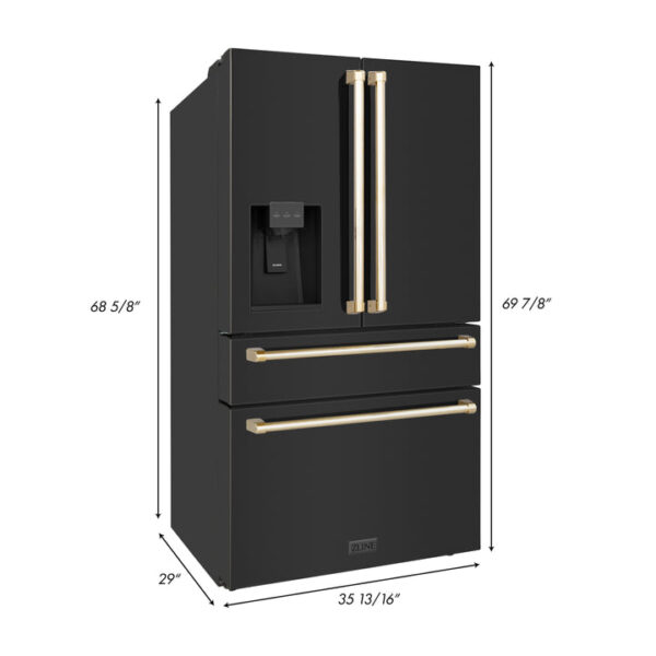 ZLINE 36 in. Autograph Edition 21.6 cu. ft Freestanding French Door Refrigerator with Water and Ice Dispenser in Fingerprint Resistant Black Stainless Steel with Polished Gold Accents (RFMZ-W-36-BS-G) - Image 4