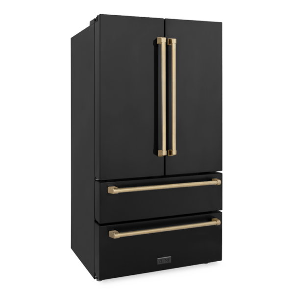 ZLINE 36 in. Autograph Edition 22.5 cu. ft Freestanding French Door Refrigerator with Ice Maker in Fingerprint Resistant Black Stainless Steel with Champagne Bronze Accents (RFMZ-36-BS-CB) - Image 4