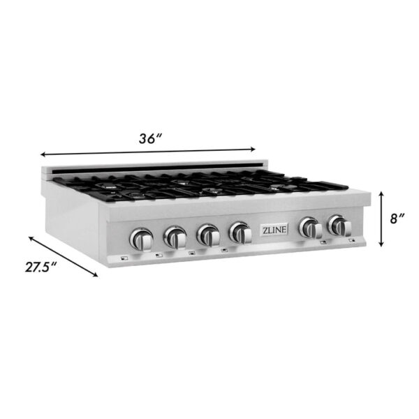 ZLINE 36 in. Porcelain Rangetop in DuraSnow Stainless Steel with 6 Gas Burners (RTS-36) - Image 6
