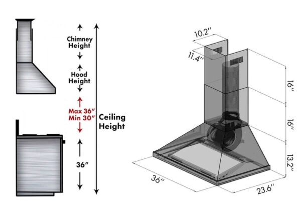 ZLINE 36 Inch Professional Convertible Vent Wall Mount Range Hood in Stainless Steel (696-36) - Image 3