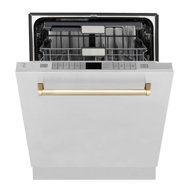 ZLINE Autograph Edition 24 in. 3rd Rack Top Touch Control Tall Tub Dishwasher in Stainless Steel with Polished Gold Handle, 45dBa (DWMTZ-304-24-G) - Image 8