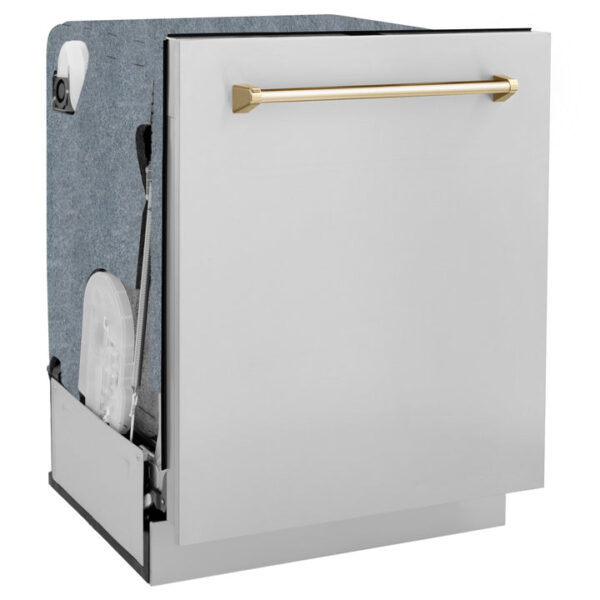 ZLINE Autograph Edition 24 in. 3rd Rack Top Touch Control Tall Tub Dishwasher in Stainless Steel with Polished Gold Handle, 45dBa (DWMTZ-304-24-G) - Image 6