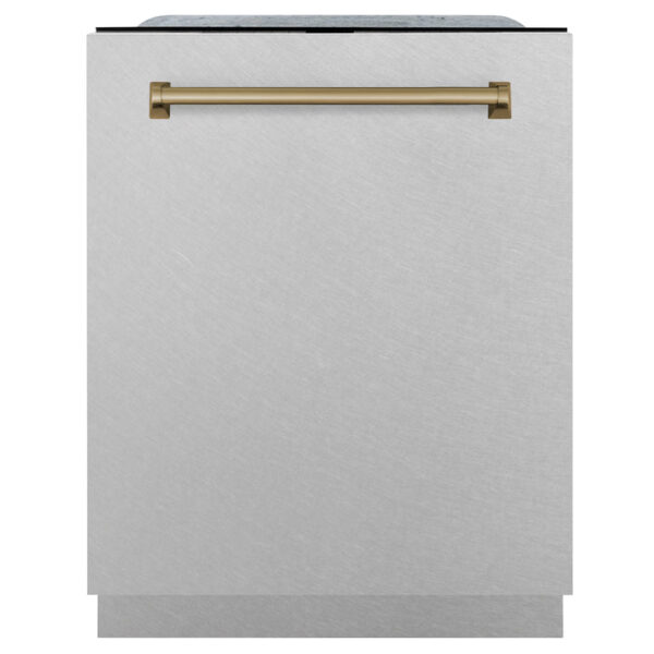 ZLINE Autograph Edition 24" 3rd Rack Top Control Tall Tub Dishwasher in Fingerprint Resistant Stainless Steel with Champagne Bronze Accents, 45dBa (DWMTZ-SN-24-CB)