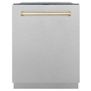 ZLINE Autograph Edition 24" 3rd Rack Top Control Tall Tub Dishwasher in Fingerprint Resistant Stainless Steel with Polished Gold Accents, 45dBa (DWMTZ-SN-24-G)