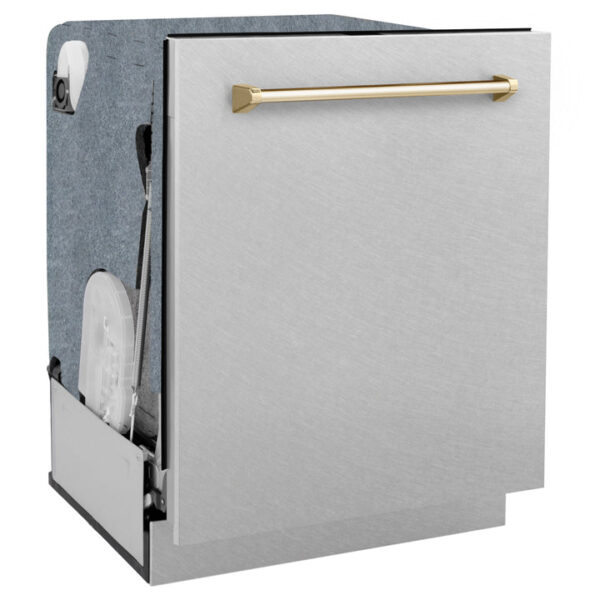 ZLINE Autograph Edition 24" 3rd Rack Top Control Tall Tub Dishwasher in Fingerprint Resistant Stainless Steel with Polished Gold Accents, 45dBa (DWMTZ-SN-24-G) - Image 8