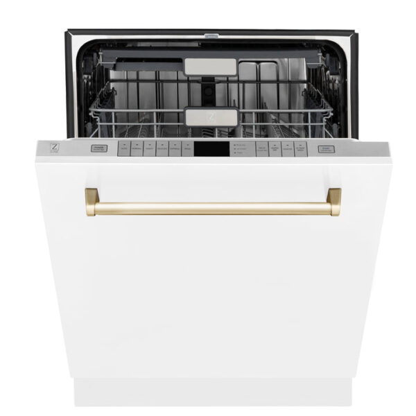 ZLINE Autograph Edition 24 in. 3rd Rack Top Touch Control Tall Tub Dishwasher in White Matte with Polished Gold Accent Handle, 45dBa (DWMTZ-WM-24-G) - Image 12
