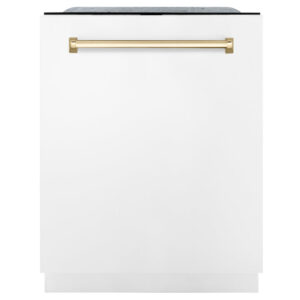 ZLINE Autograph Edition 24 in. 3rd Rack Top Touch Control Tall Tub Dishwasher in White Matte with Polished Gold Accent Handle, 45dBa (DWMTZ-WM-24-G)