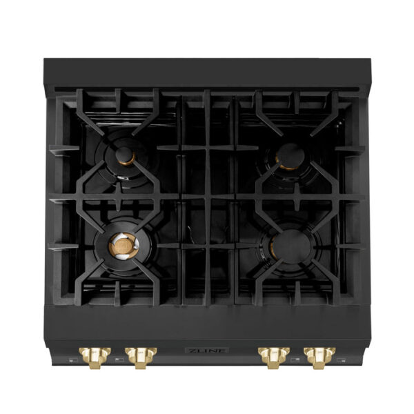 ZLINE Autograph Edition 30 in. Porcelain Rangetop with 4 Gas Burners in Black Stainless Steel and Polished Gold Accents (RTBZ-30-G) - Image 8