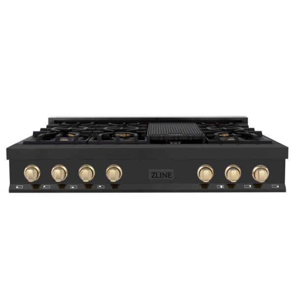 ZLINE Autograph Edition 48 in. Porcelain Rangetop with 7 Gas Burners in Black Stainless Steel and Polished Gold Accents (RTBZ-48-G) - Image 11