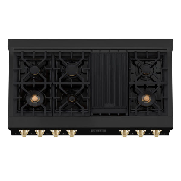 ZLINE Autograph Edition 48 in. Porcelain Rangetop with 7 Gas Burners in Black Stainless Steel and Polished Gold Accents (RTBZ-48-G) - Image 8