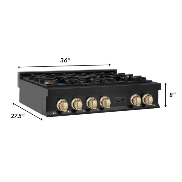 ZLINE Autograph Edition 36 in. Porcelain Rangetop with 6 Gas Burners in Black Stainless Steel and Polished Gold Accents (RTBZ-36-G) - Image 3