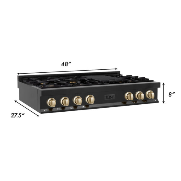 ZLINE Autograph Edition 48 in. Porcelain Rangetop with 7 Gas Burners in Black Stainless Steel and Polished Gold Accents (RTBZ-48-G) - Image 6