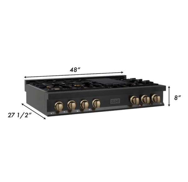 ZLINE Autograph Edition 48 in. Porcelain Rangetop with 7 Gas Burners in Black Stainless Steel and Champagne Bronze Accents (RTBZ-48-CB) - Image 3