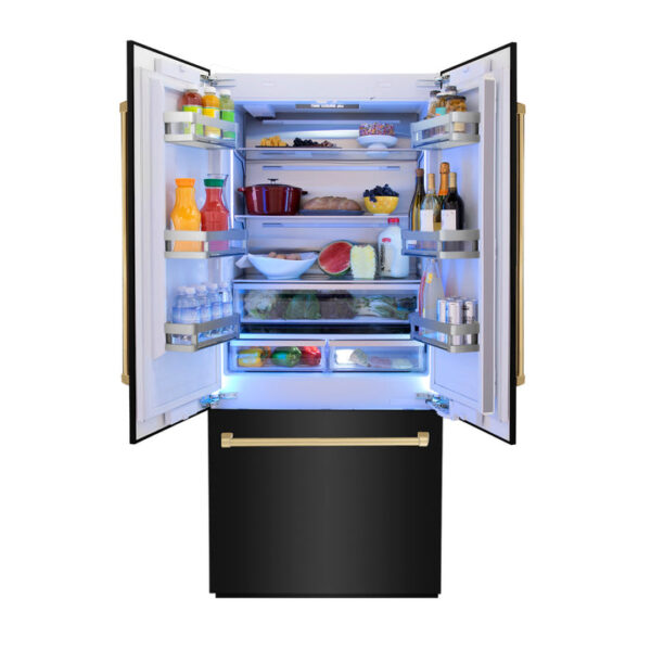ZLINE 36 in. Autograph Edition 19.6 cu. ft. Built-in 2-Door Bottom Freezer Refrigerator with Internal Water and Ice Dispenser in Black Stainless Steel with Polished Gold Accents (RBIVZ-BS-36-G) - Image 10