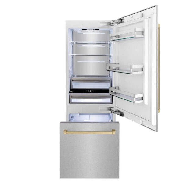 ZLINE 30 in. Autograph Edition 16.1 cu. ft. Built-in 2-Door Bottom Freezer Refrigerator with Internal Water and Ice Dispenser in Fingerprint Resistant Stainless Steel with Champagne Bronze Accents (RBIVZ-SN-30-CB) - Image 14