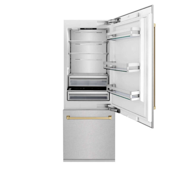 ZLINE 30 in. Autograph Edition 16.1 cu. ft. Built-in 2-Door Bottom Freezer Refrigerator with Internal Water and Ice Dispenser in Fingerprint Resistant Stainless Steel with Champagne Bronze Accents (RBIVZ-SN-30-CB) - Image 10