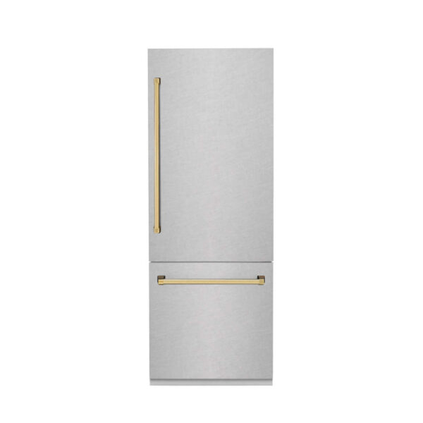 ZLINE 30 in. Autograph Edition 16.1 cu. ft. Built-in 2-Door Bottom Freezer Refrigerator with Internal Water and Ice Dispenser in Fingerprint Resistant Stainless Steel with Polished Gold Accents (RBIVZ-SN-30-G) - Image 14