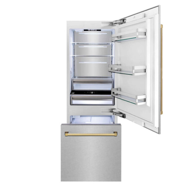 ZLINE 30 in. Autograph Edition 16.1 cu. ft. Built-in 2-Door Bottom Freezer Refrigerator with Internal Water and Ice Dispenser in Fingerprint Resistant Stainless Steel with Polished Gold Accents (RBIVZ-SN-30-G) - Image 15
