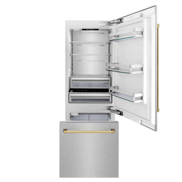 ZLINE 30 in. Autograph Edition 16.1 cu. ft. Built-in 2-Door Bottom Freezer Refrigerator with Internal Water and Ice Dispenser in Fingerprint Resistant Stainless Steel with Polished Gold Accents (RBIVZ-SN-30-G) - Image 19