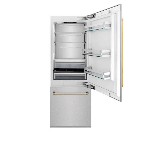 ZLINE 30 in. Autograph Edition 16.1 cu. ft. Built-in 2-Door Bottom Freezer Refrigerator with Internal Water and Ice Dispenser in Fingerprint Resistant Stainless Steel with Polished Gold Accents (RBIVZ-SN-30-G) - Image 9