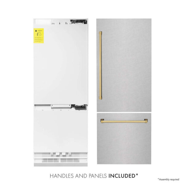 ZLINE 30 in. Autograph Edition 16.1 cu. ft. Built-in 2-Door Bottom Freezer Refrigerator with Internal Water and Ice Dispenser in Fingerprint Resistant Stainless Steel with Polished Gold Accents (RBIVZ-SN-30-G) - Image 6