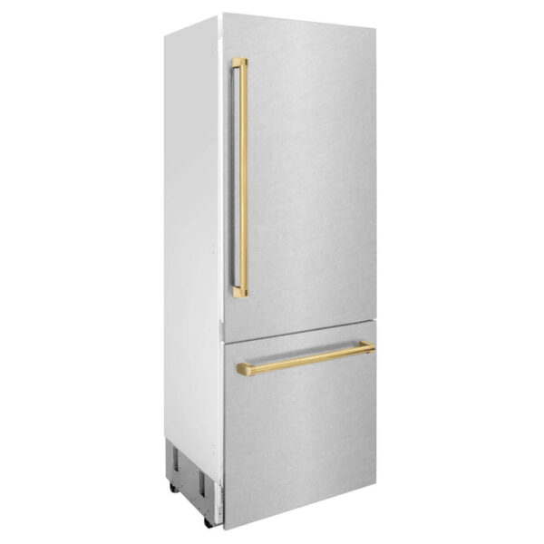 ZLINE 30 in. Autograph Edition 16.1 cu. ft. Built-in 2-Door Bottom Freezer Refrigerator with Internal Water and Ice Dispenser in Fingerprint Resistant Stainless Steel with Polished Gold Accents (RBIVZ-SN-30-G) - Image 13