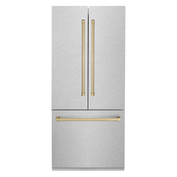 ZLINE 36 in. Autograph Edition 19.6 cu. ft. Built-in 2-Door Bottom Freezer Refrigerator with Internal Water and Ice Dispenser in Fingerprint Resistant Stainless Steel with Champagne Bronze Accents (RBIVZ-SN-36-CB)