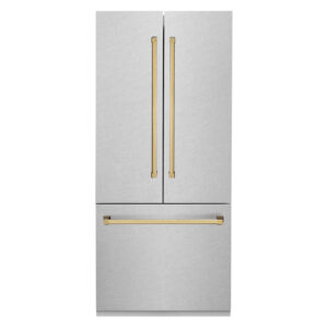ZLINE 36 in. Autograph Edition 19.6 cu. ft. Built-in 2-Door Bottom Freezer Refrigerator with Internal Water and Ice Dispenser in Fingerprint Resistant Stainless Steel with Polished Gold Accents (RBIVZ-SN-36-G)