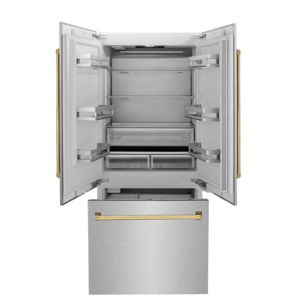 ZLINE 36 in. Autograph Edition 19.6 cu. ft. Built-in 2-Door Bottom Freezer Refrigerator with Internal Water and Ice Dispenser in Fingerprint Resistant Stainless Steel with Polished Gold Accents (RBIVZ-SN-36-G) - Image 11
