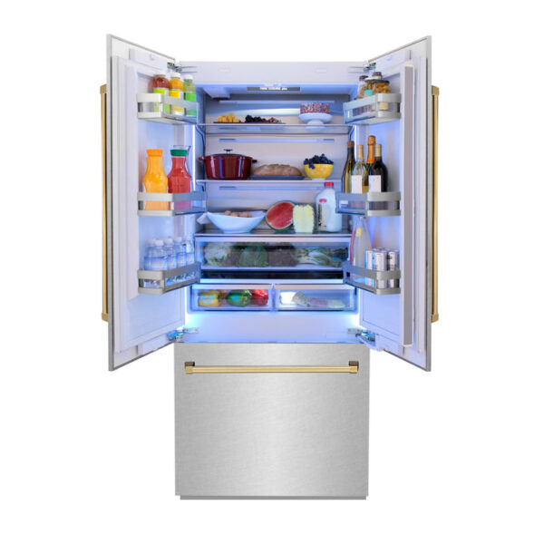 ZLINE 36 in. Autograph Edition 19.6 cu. ft. Built-in 2-Door Bottom Freezer Refrigerator with Internal Water and Ice Dispenser in Fingerprint Resistant Stainless Steel with Polished Gold Accents (RBIVZ-SN-36-G) - Image 14