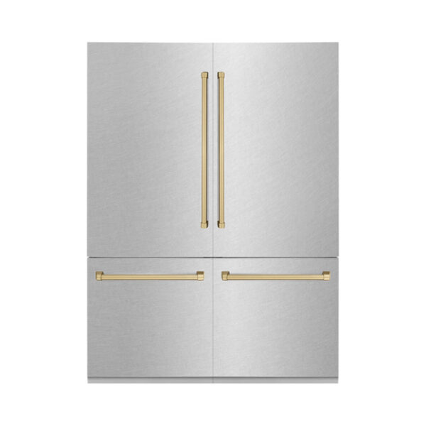 ZLINE 60 in. Autograph Edition 32.2 cu. ft. Built-in 4-Door French Door Refrigerator with Internal Water and Ice Dispenser in Fingerprint Resistant Stainless Steel with Champagne Bronze Accents (RBIVZ-SN-60-CB)