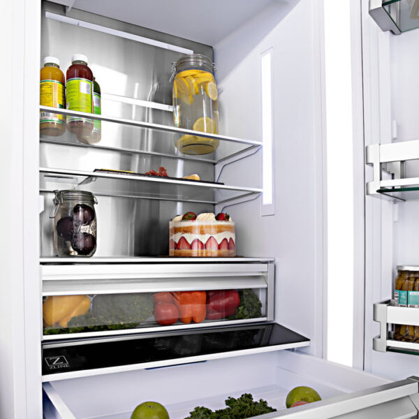ZLINE 60 in. Autograph Edition 32.2 cu. ft. Built-in 4-Door French Door Refrigerator with Internal Water and Ice Dispenser in Fingerprint Resistant Stainless Steel with Polished Gold Accents (RBIVZ-SN-60-G) - Image 14