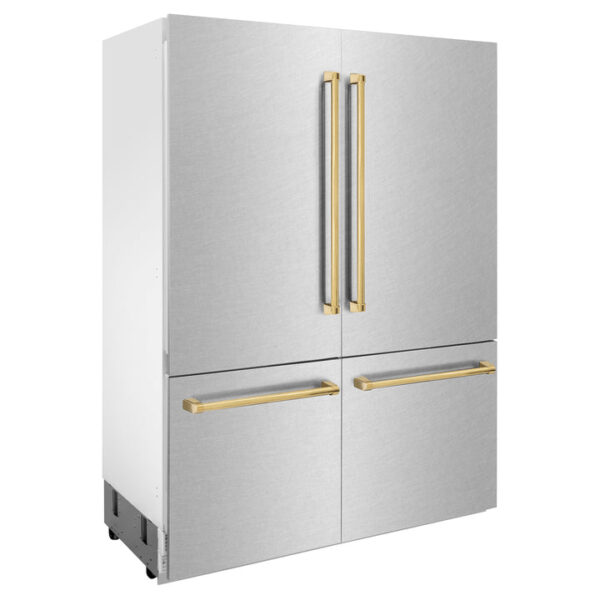 ZLINE 60 in. Autograph Edition 32.2 cu. ft. Built-in 4-Door French Door Refrigerator with Internal Water and Ice Dispenser in Fingerprint Resistant Stainless Steel with Polished Gold Accents (RBIVZ-SN-60-G) - Image 9