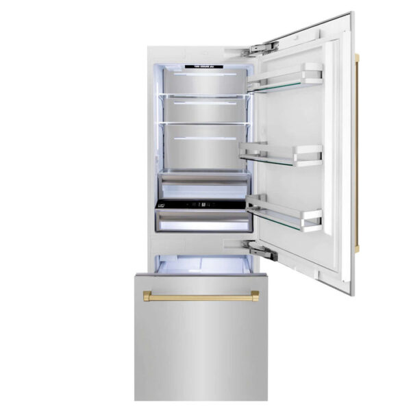 ZLINE 30 in. Autograph Edition 16.1 cu. ft. Built-in 2-Door Bottom Freezer Refrigerator with Internal Water and Ice Dispenser in Stainless Steel with Champagne Bronze Accents (RBIVZ-304-30-CB) - Image 14