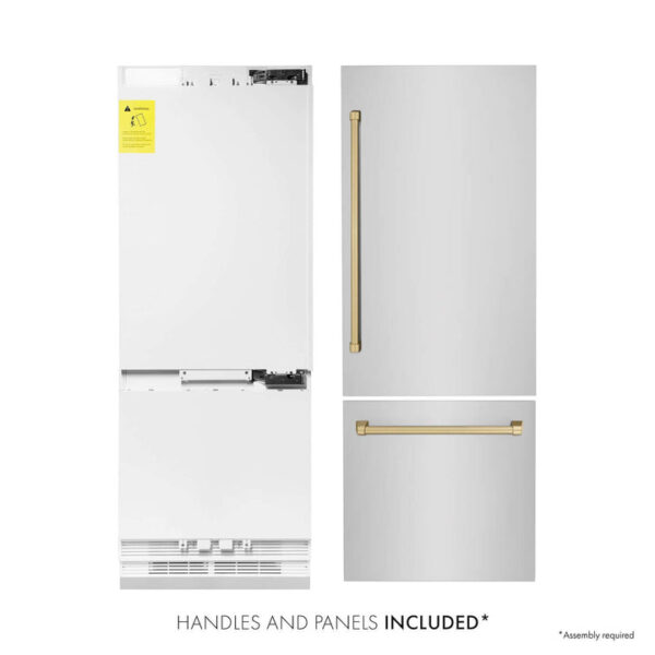 ZLINE 30 in. Autograph Edition 16.1 cu. ft. Built-in 2-Door Bottom Freezer Refrigerator with Internal Water and Ice Dispenser in Stainless Steel with Champagne Bronze Accents (RBIVZ-304-30-CB) - Image 8