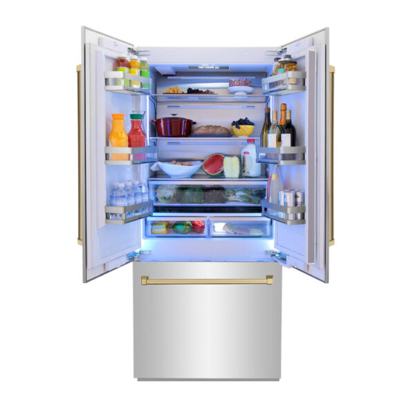 ZLINE 36 in. Autograph Edition 19.6 cu. ft. Built-in 2-Door Bottom Freezer Refrigerator with Internal Water and Ice Dispenser in Stainless Steel with Champagne Bronze Accents (RBIVZ-304-36-CB) - Image 9