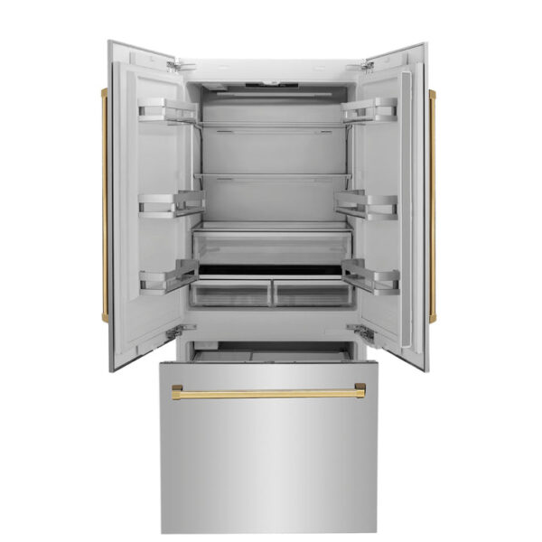 ZLINE 36” Autograph Edition 19.6 cu. ft. Built-in 2-Door Bottom Freezer Refrigerator with Internal Water and Ice Dispenser in Stainless Steel with Polished Gold Accents (RBIVZ-304-36-G) - Image 9
