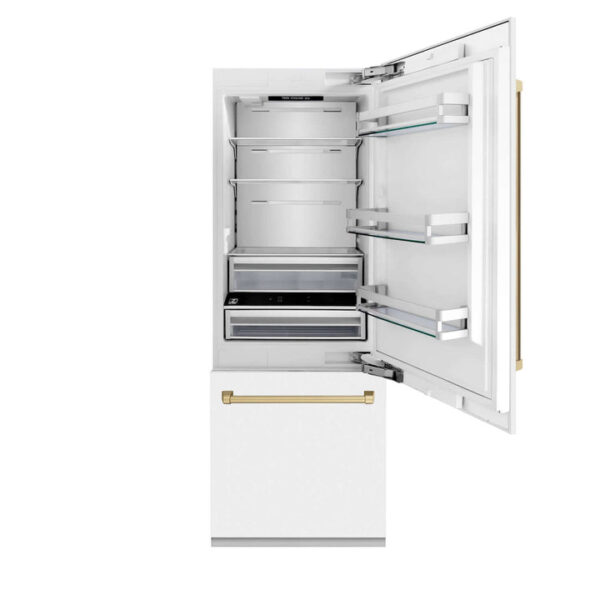 ZLINE 30 in. Autograph Edition 16.1 cu. ft. Built-in 2-Door Bottom Freezer Refrigerator with Internal Water and Ice Dispenser in White Matte with Champagne Bronze Accents (RBIVZ-WM-30-CB) - Image 17