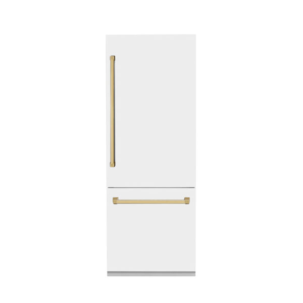 ZLINE 30 in. Autograph Edition 16.1 cu. ft. Built-in 2-Door Bottom Freezer Refrigerator with Internal Water and Ice Dispenser in White Matte with Polished Gold Accents (RBIVZ-WM-30-G) - Image 10