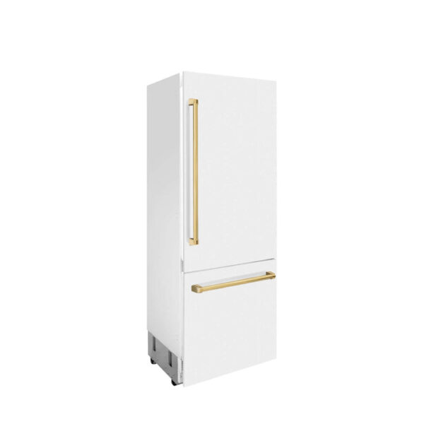 ZLINE 30 in. Autograph Edition 16.1 cu. ft. Built-in 2-Door Bottom Freezer Refrigerator with Internal Water and Ice Dispenser in White Matte with Polished Gold Accents (RBIVZ-WM-30-G) - Image 7