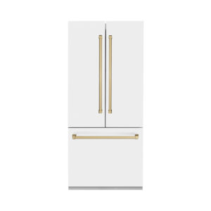 ZLINE 36 in. Autograph Edition 19.6 cu. ft. Built-in 2-Door Bottom Freezer Refrigerator with Internal Water and Ice Dispenser in White Matte with Champagne Bronze Accents (RBIVZ-WM-36-CB)