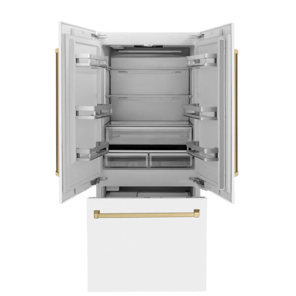 ZLINE 36 in. Autograph Edition 19.6 cu. ft. Built-in 2-Door Bottom Freezer Refrigerator with Internal Water and Ice Dispenser in White Matte with Champagne Bronze Accents (RBIVZ-WM-36-CB) - Image 13