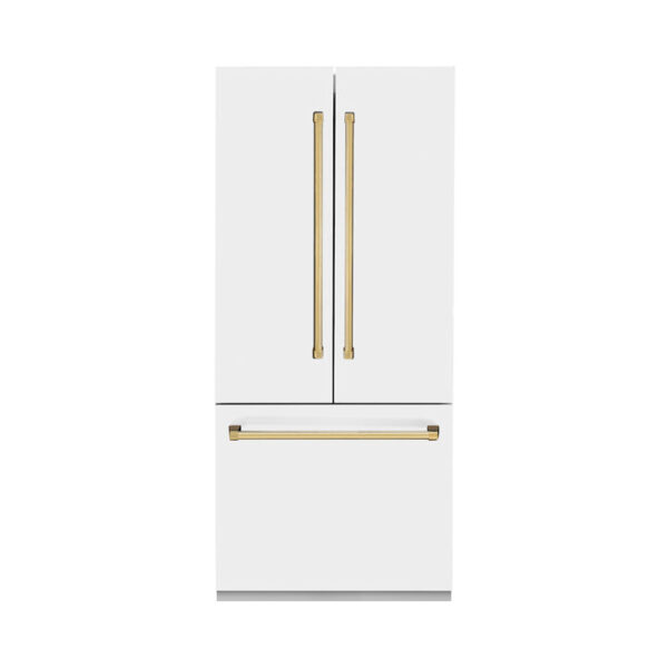 ZLINE 36 in. Autograph Edition 19.6 cu. ft. Built-in 2-Door Bottom Freezer Refrigerator with Internal Water and Ice Dispenser in White Matte with Polished Gold Accents (RBIVZ-WM-36-G)