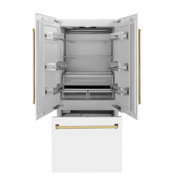 ZLINE 36 in. Autograph Edition 19.6 cu. ft. Built-in 2-Door Bottom Freezer Refrigerator with Internal Water and Ice Dispenser in White Matte with Polished Gold Accents (RBIVZ-WM-36-G) - Image 11